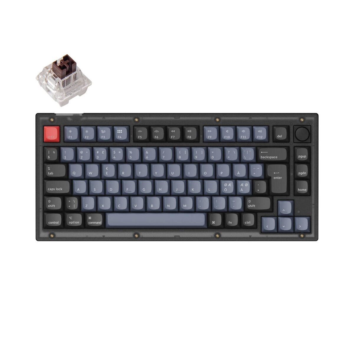 Keychron V1 QMK VIA custom mechanical keyboard 75 percent layout frosted black knob hot-swappable Keychron K Pro switch brown ISO Nordic layout