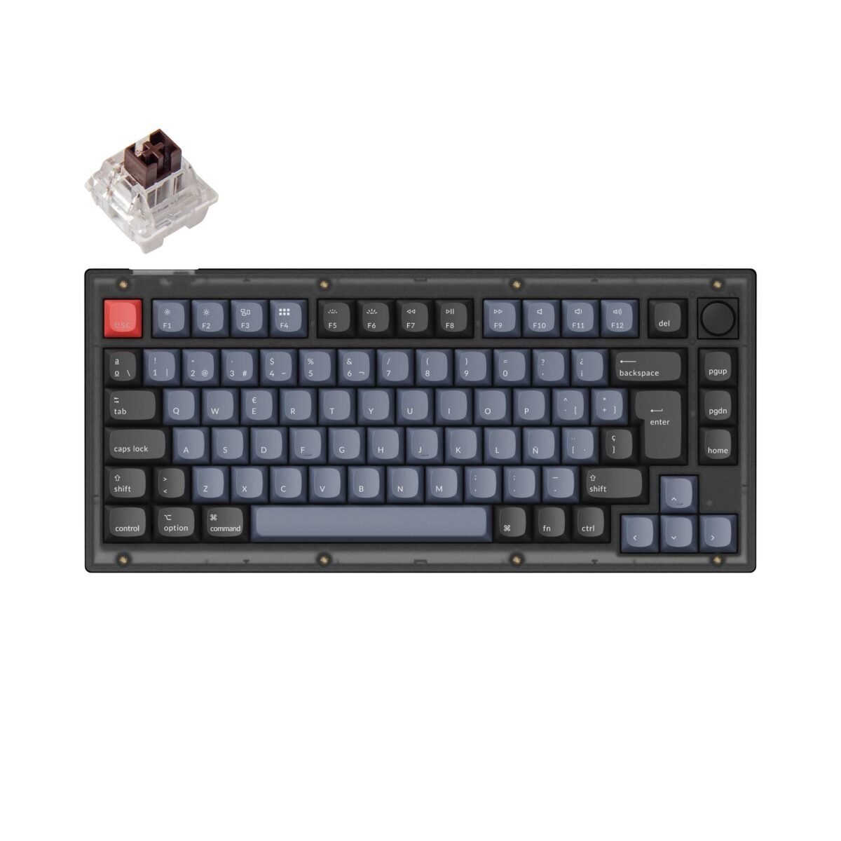 Keychron V1 QMK VIA custom mechanical keyboard 75 percent layout frosted black knob hot-swappable Keychron K Pro switch brown Spanish ISO layout